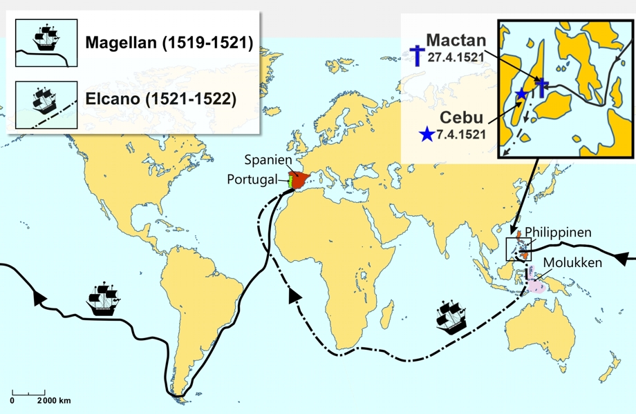 In der Karte ist die Route der ersten Weltumseglung eingezeichnet