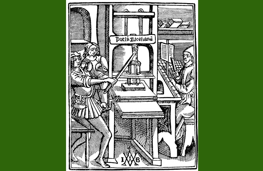 Die Druckpresse - Gemälde Holzschnitt einer mittelalterlichen Druckpresse