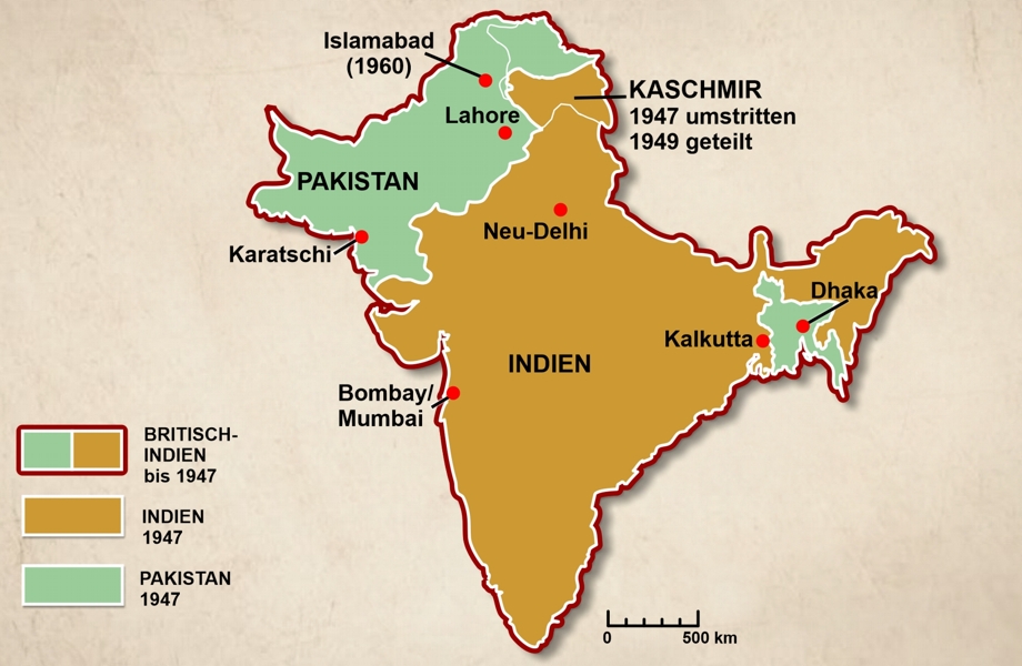 Die Teilung Indiens - Karte zeigt Aufteilung Britisch-Indiens in Indien, West- und Ostpakistan