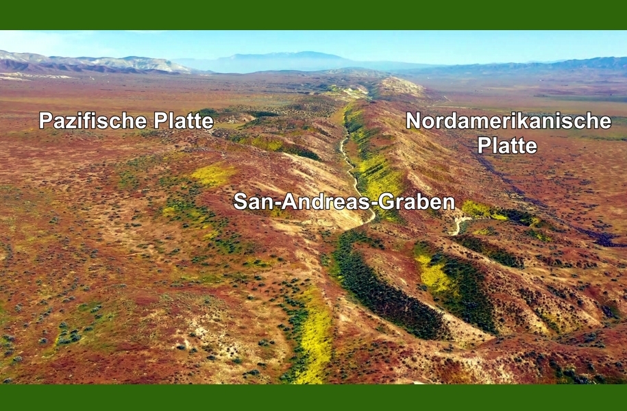 Foto zeigt den San-Andreas-Graben und Pazifische und Nordamerikanische Platte