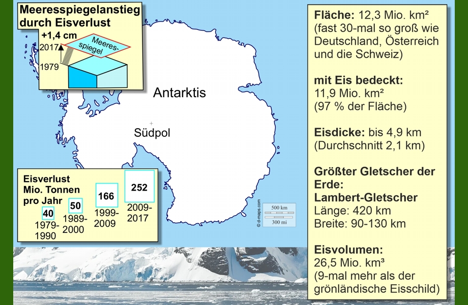 Schaubild und Karte zeigen Meeresspiegelanstieg durch Eisverlust in der Antarktis